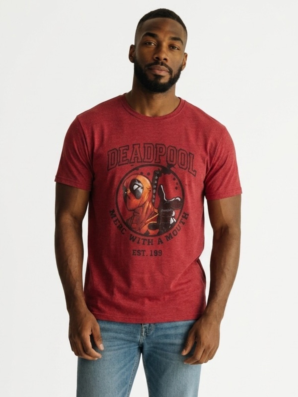 MARVEL (XL) Deadpool Short Sleeve Graphic Tee Red Crew Neck Cotton Blend